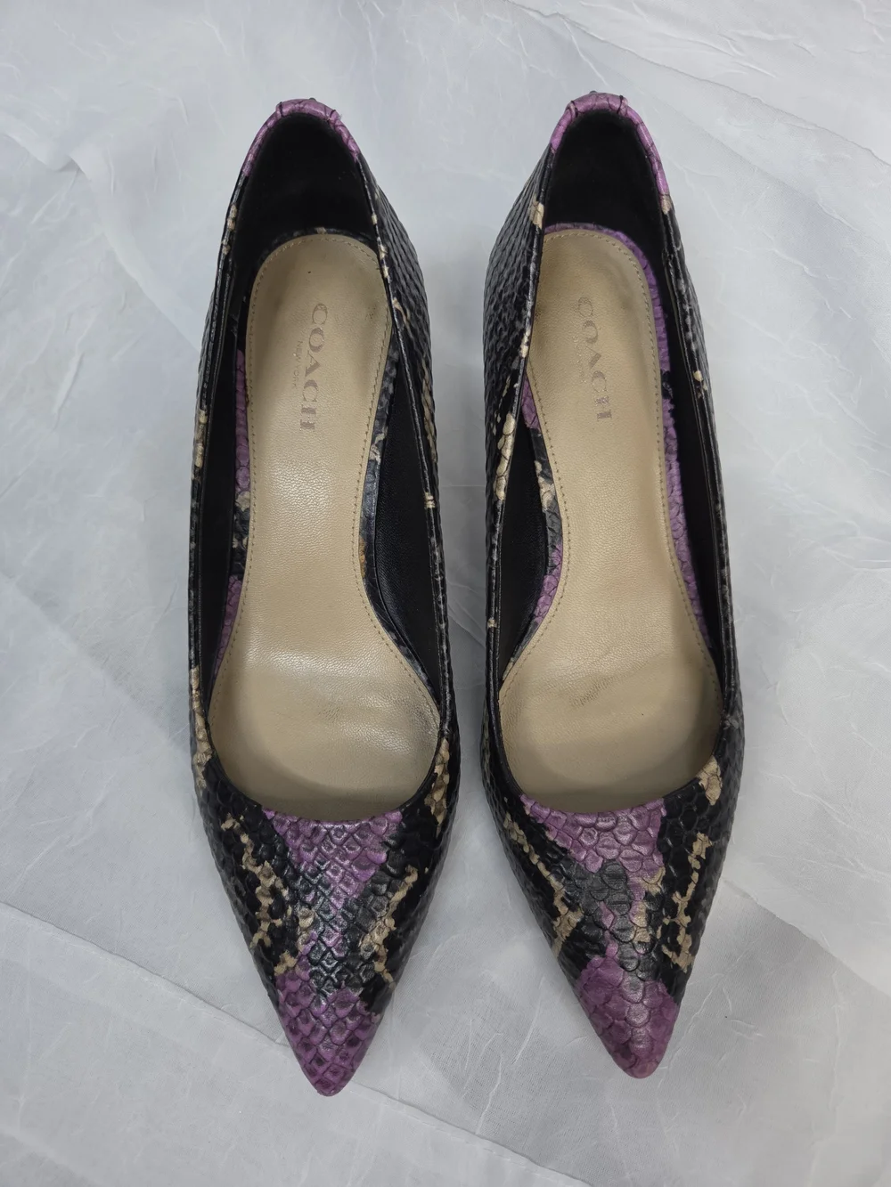 Coach Lacey Python Embossed Leather Purple + Black Snakeskin Pointed Toe Size 7B